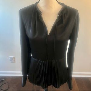 Theory Womens Black Satin Pleated Self-Tie Peplum Hem Top Size S NWT